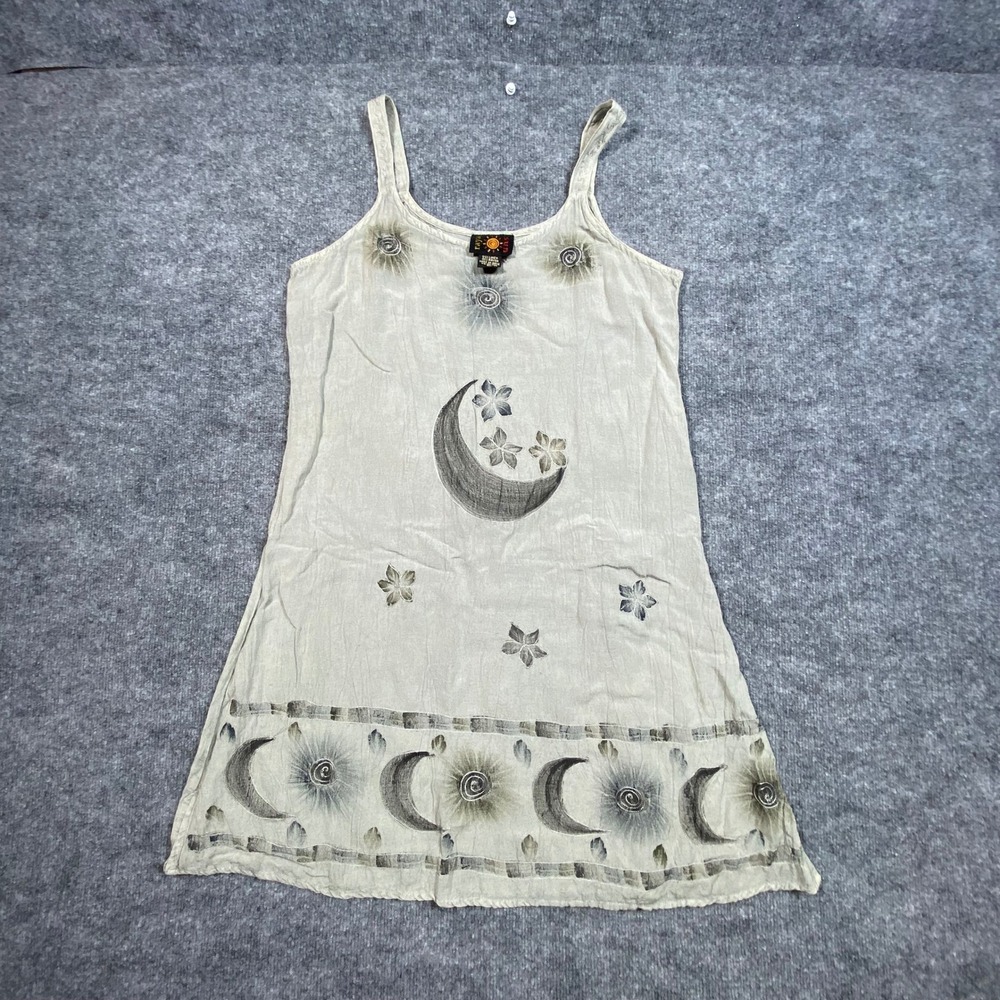 Raya Sun Women XL Sage Green Linen Blend Celestial Sun Moon Mini Dress Boho